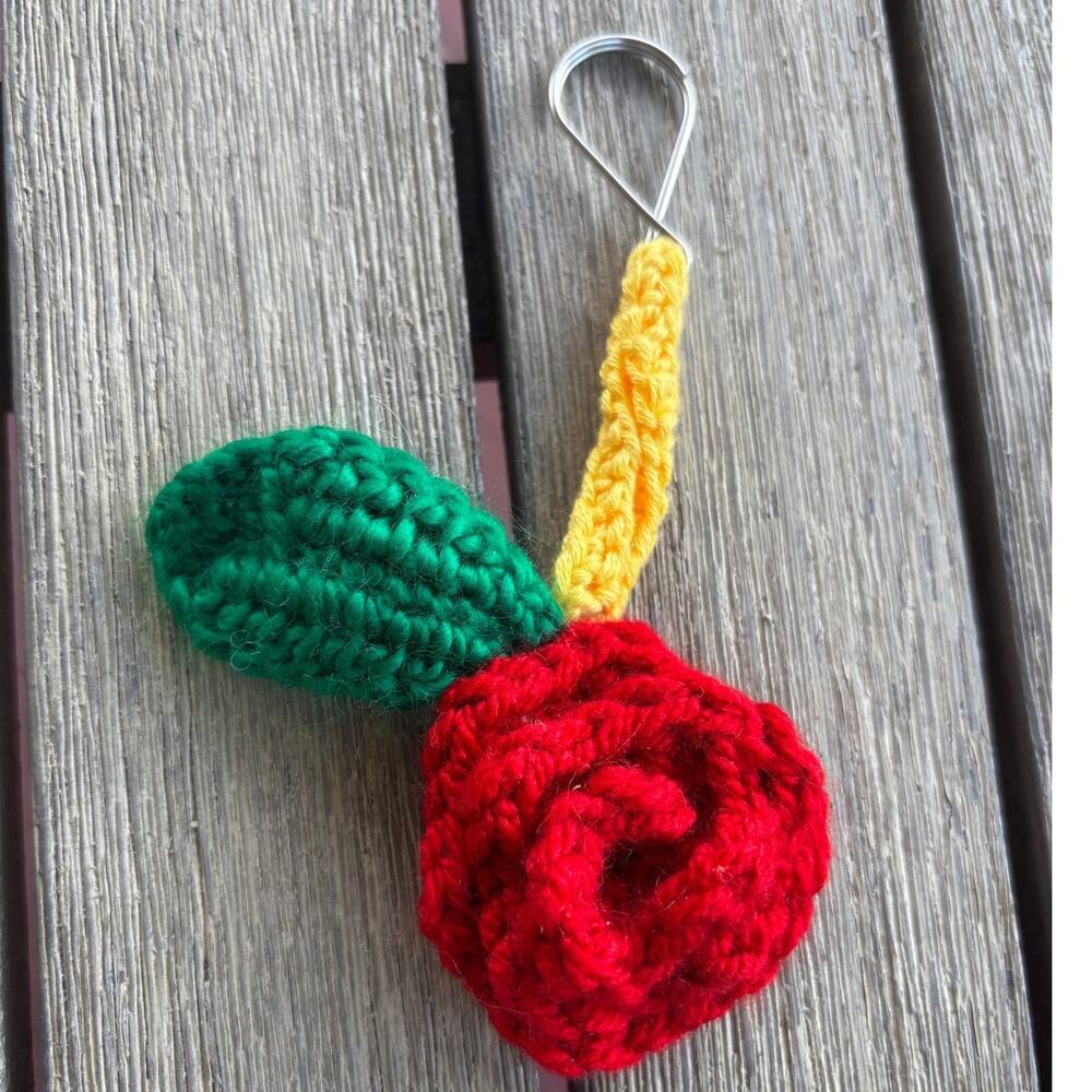 Handmade Crochet Red Rose Flower Keychain with Green Leaf & Button Detail